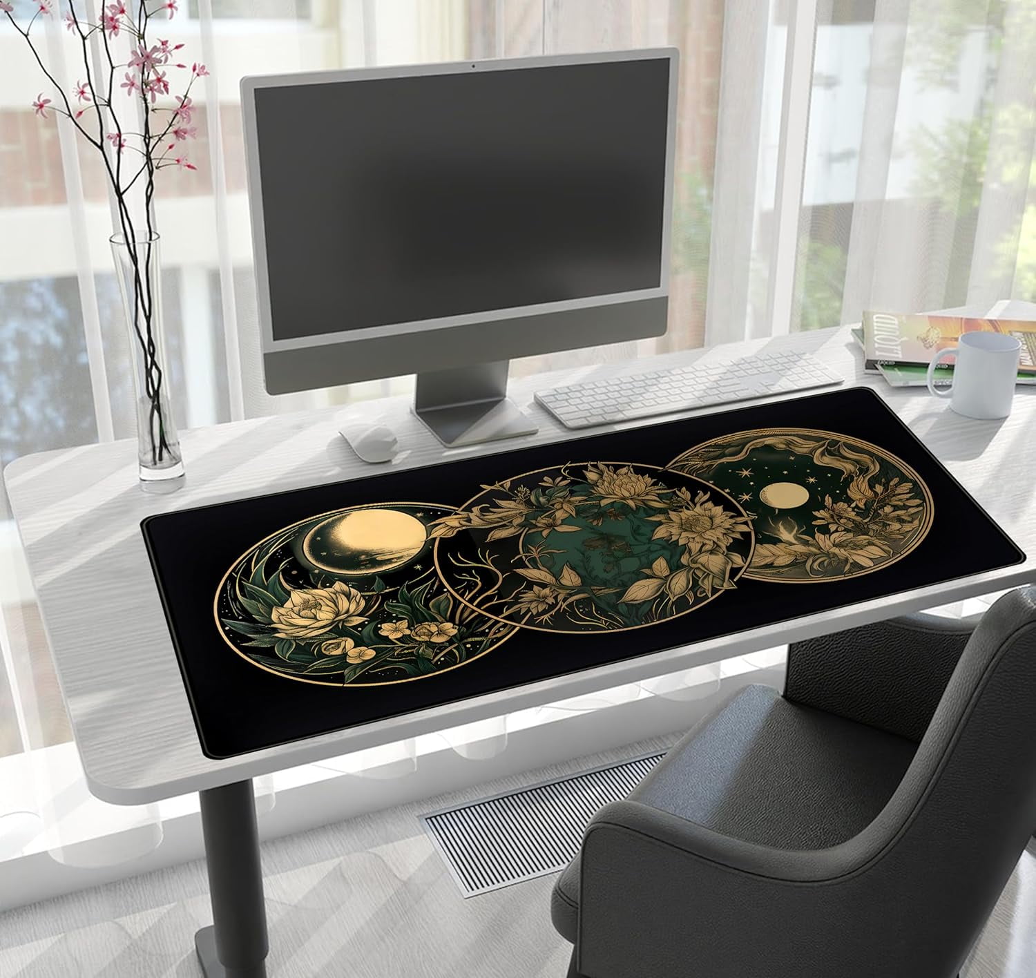 Aesthetic Celestial Desk Mat Vintage Flowers Desk Pad Large Mouse Pad Gaming Mousepad Extended XXL Computer Mat 31.5x15.75 in, Cute Laptop Keyboard and Mouse Mat for Women Office Desk Decor Pad