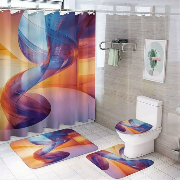 3D Abstract Lines 4 Piece Shower Curtain Sets, Non-Slip Rugs, Toilet Lid Cover And Bath Mat, for Bathroom Decor Set, 72" X 72"