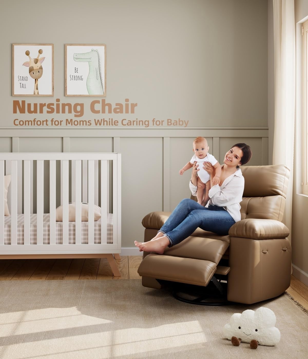 Oversized Recliner Chairs with Massage and Heat - 360° Swivel Lazy Rocking Chair for Adults with Remote Control for Living Rooms, Bedrooms and Nurseries - Tan
