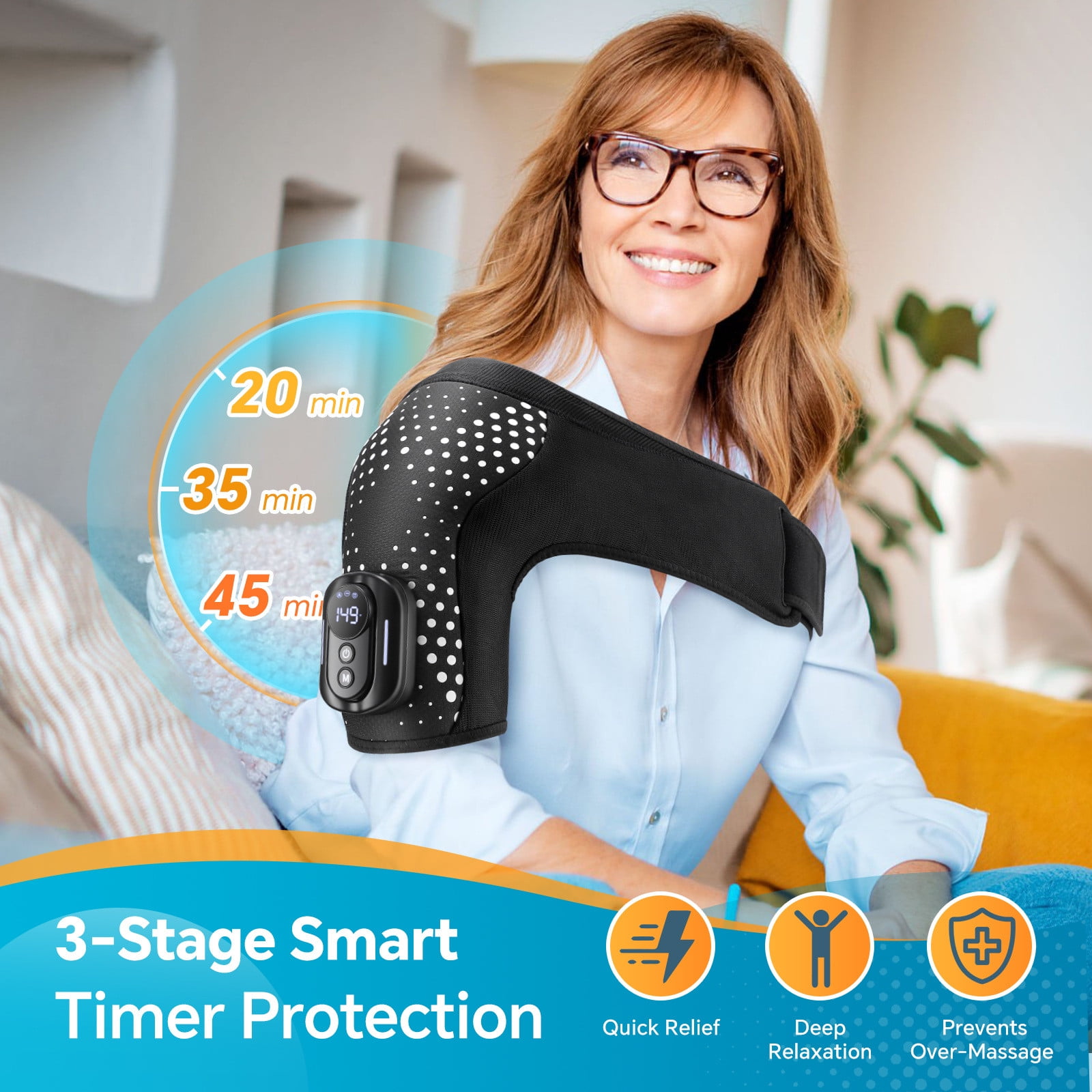 DAMAI Shoulder Heating Pad with Massager, Portable Shoulder Brace with Magnetic Detachable Remote Control, 5000amh Battery Powered Detachable Controller Heated Massage with 5 Heats &Vibrations