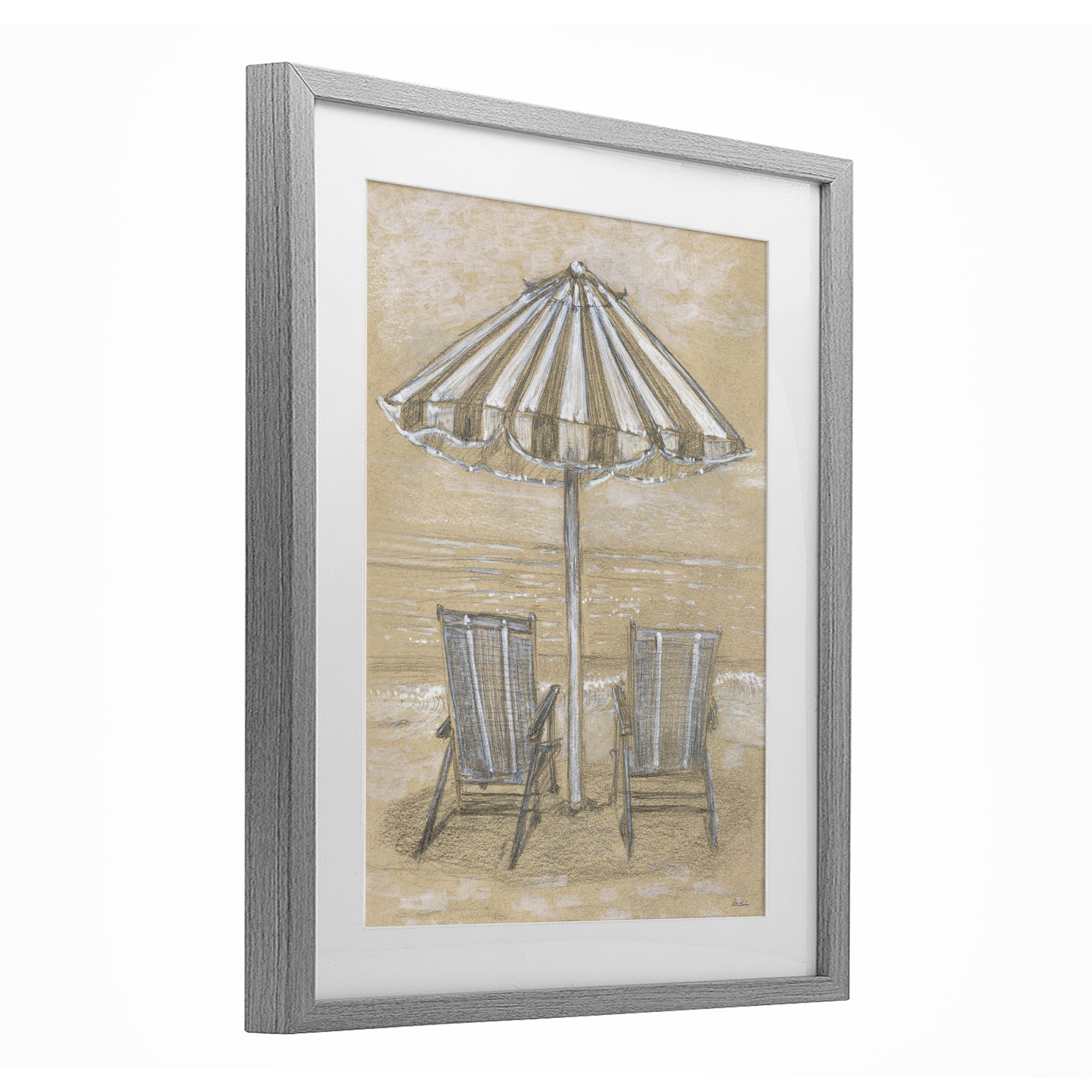 Stupell Industries Umbrella & Chairs Drawing Gray Framed Print Under Glass, design by Patti Bishop