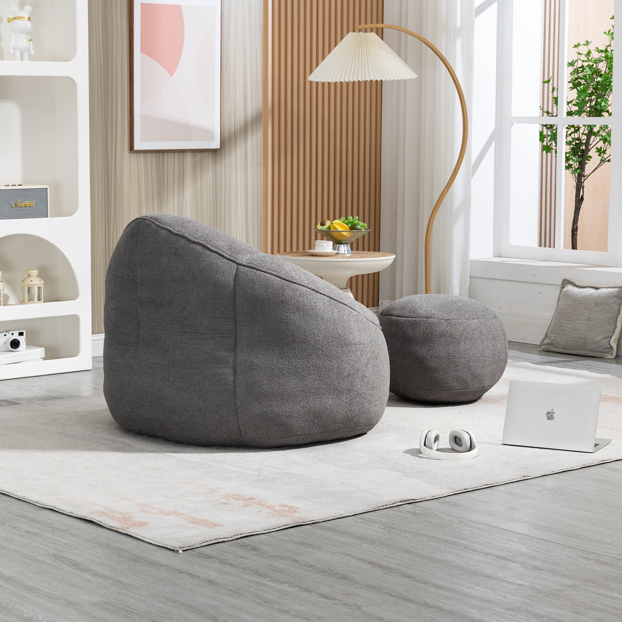 PORKISS Oversized Bean Bag Chair with Ottoman, Memory Foam Super Soft Lazy Couch for Adults Teens Kids, Microfiber Grey