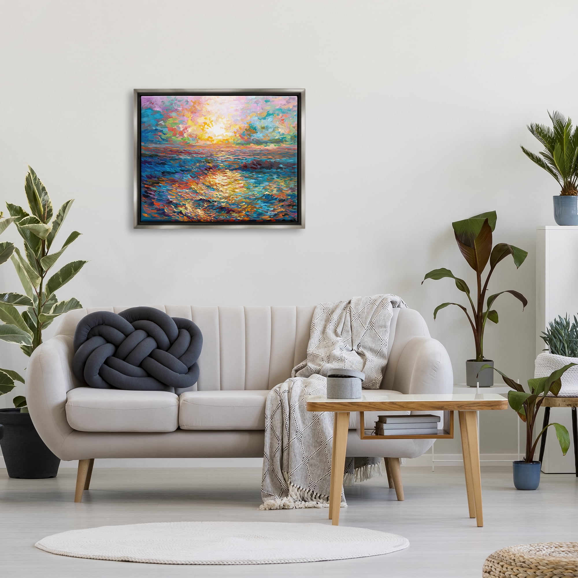 Stupell Industries Sunset in Mykonos Beach Landscape Painting Gray Floater Framed Canvas Art Print Wall Art, 31 x 25