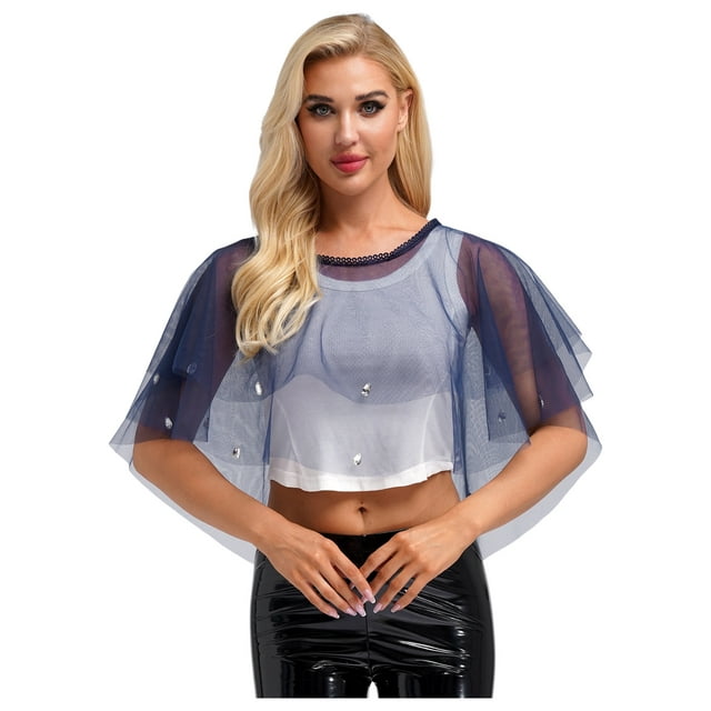 dPois Sparkly Rhinestone Capelets for Women Embroidery Neck Collar Sheer Mesh Cape Shawls and Wraps Navy Blue One Size