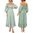 thumbnail image 5 of Franhais Women Summer Bohemian Dress, Adults Off-shoulder Smocked Puff Sleeve Plaid One-piece, 5 of 7