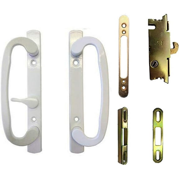 Sliding Glass Patio Door Handle Kit with Mortise Lock and Keepers, B-Position, Latch Lever is Off-Centered,  White, Non-Keyed