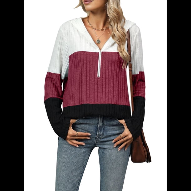 Suéter con Capucha y Media Cremallera para Mujer, Talla Grande, Color Block, Punto Acanalado, Cuello en V, Larga Vino Tinto XXL