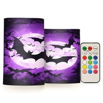 Bats Flying under Purple Moon Flickering Flameless LED Candles set of 2 Battery Operated 18-Key Remotes Timer Halloween Fall Decor D3''xH4''5''