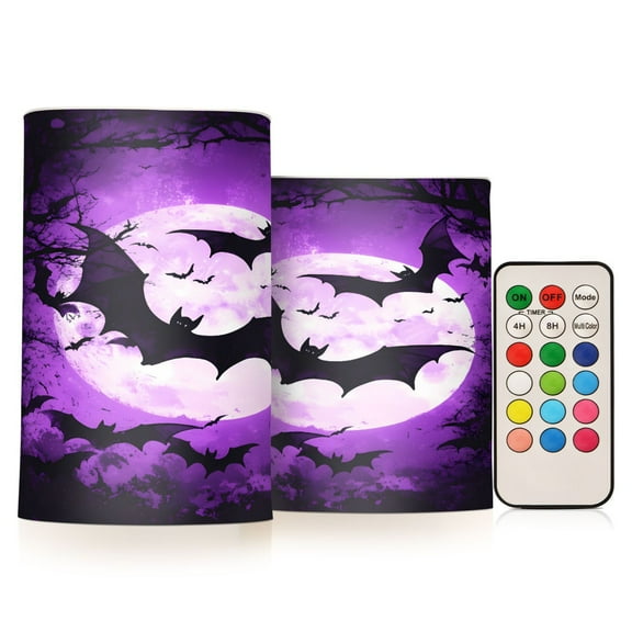 Bats Flying under Purple Moon Flickering Flameless LED Candles set of 2 Battery Operated 18-Key Remotes Timer Halloween Fall Decor D3''xH4''5''