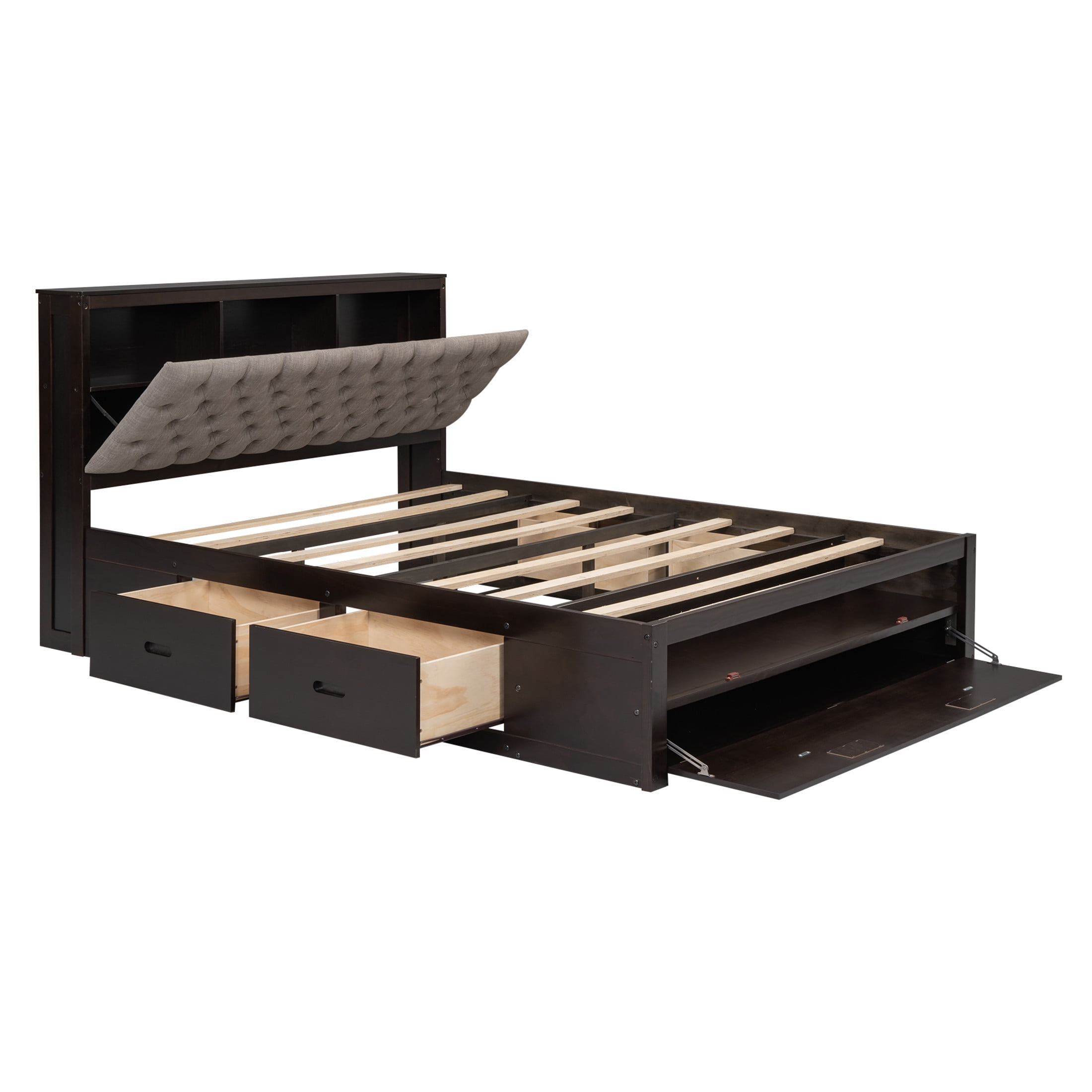 Noble House Norva Queen Size Wood Platform Bed, Storage Headboard with Integrated Drawers and Shoe Rack, Espresso