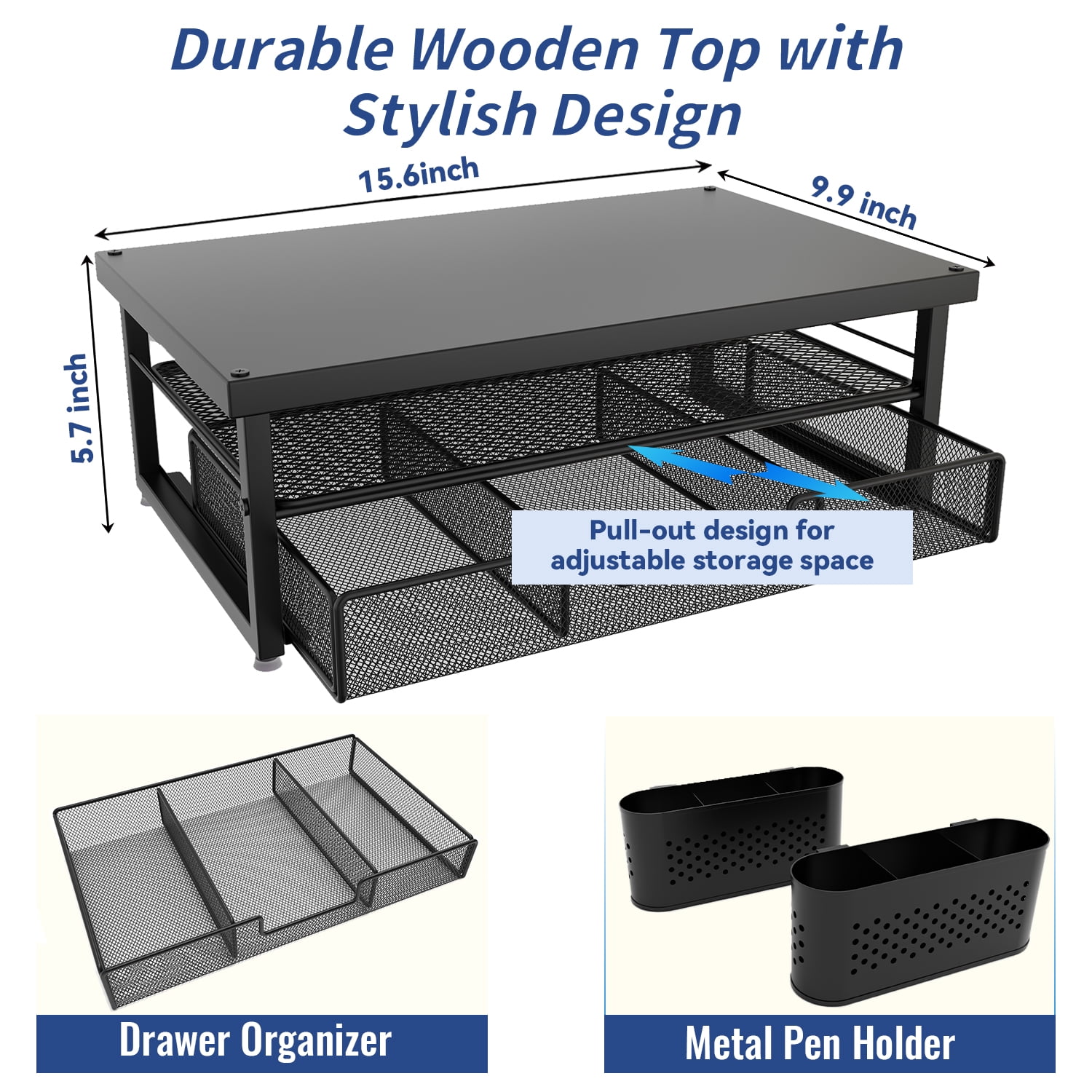 MEHOOM 3-Tier Monitor Stand Riser with Drawer and Pen Holders, Desk Organizer and Accessories for Laptop, Office, and Dorm Desktop Setup, Black