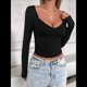 thumbnail image 5 of Camisetas de Larga con Cuello en V para Mujer, Top Corto con Doble Forro y Copas con Costura para Salir. Negro XL, 5 of 10