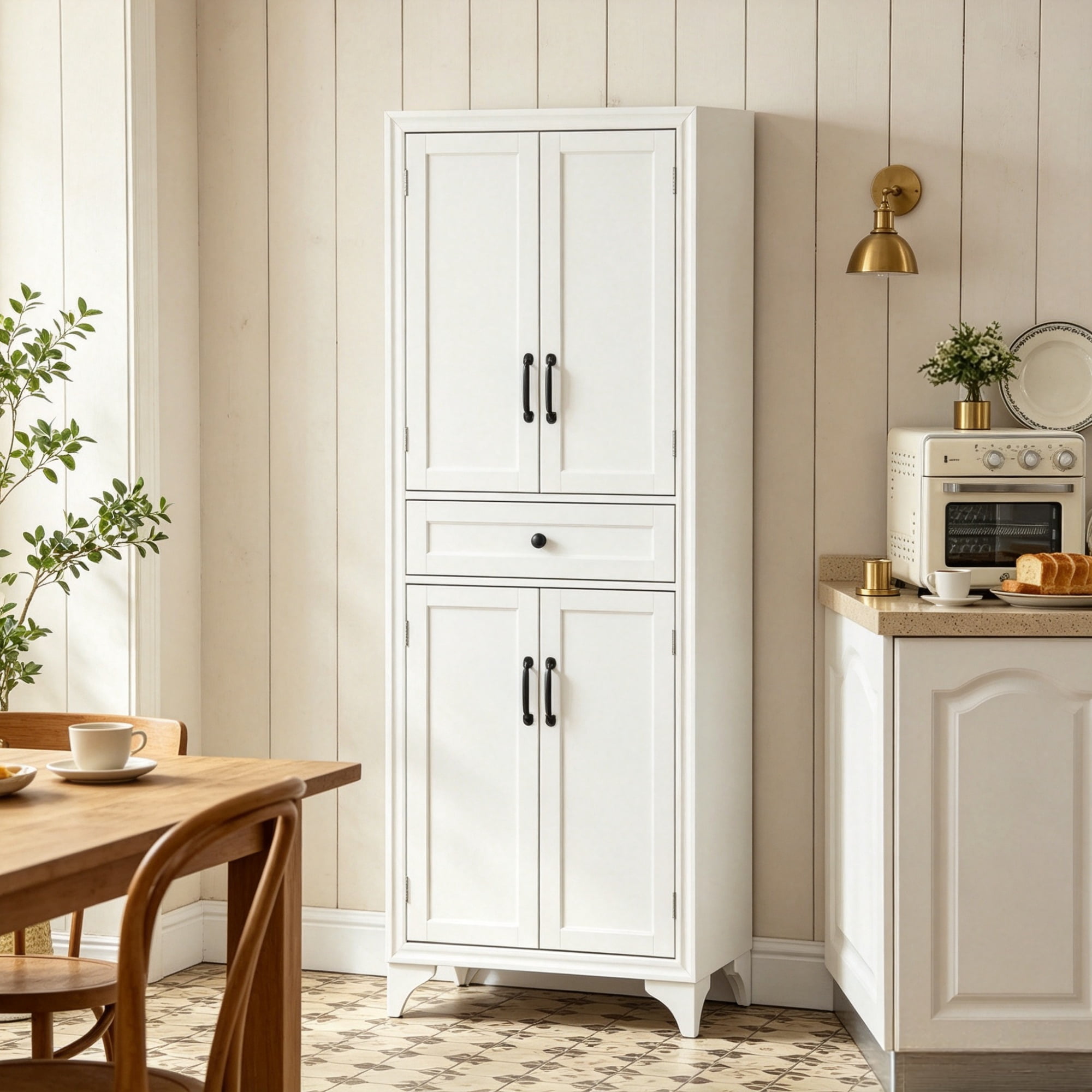 67" 4-Door Kitchen Pantry, with Drawer and Adjustable Shelves, Large-Capacity Storage Cabinet, White