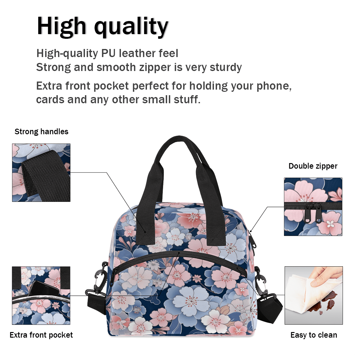 Herdesigns Pink Blue Cherry Blossom Insulated Lunch Bag for Women Men Adults Large Reusable Lunch Box Leakproof Portable Cooler Tote Bags with Adjustable Shoulder Strap