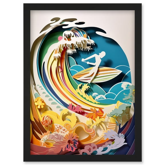 Rainbow Kirigami Surfer Surfing Coastal Landscape Artwork Framed Wall Art Print A4