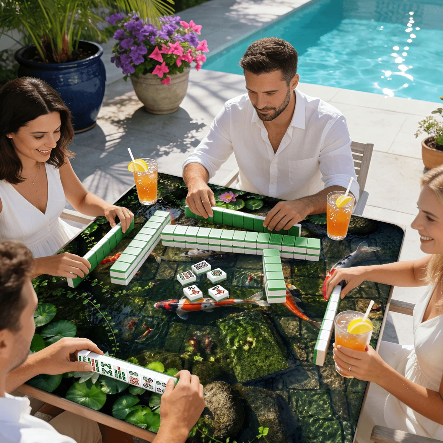 Mahjong Mat 31.5" x 31.5" Colorful Fish Swimming Clear Garden Pond Lily Pads Mossy Stones Non-Slip Noise Reduction American Mahjong Tiles Table Cover for Dominoes Poker Card Board Games Gift