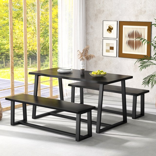 Costway 3 Pieces Dining Table Set 63" Large Table and 2 Long Benches for 4-6 People Black