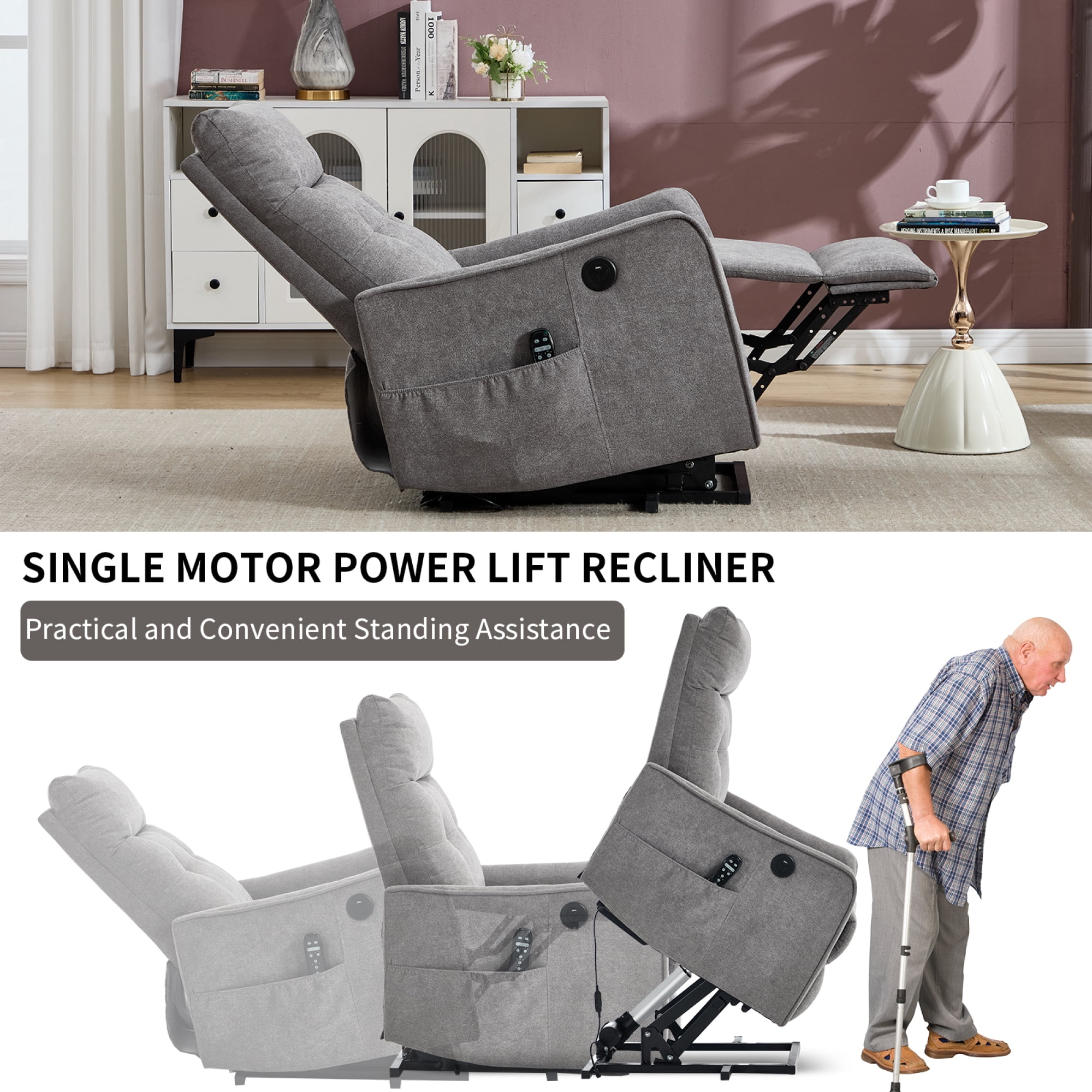 Leumius Power Lift Recliner Chair with Massage and Heat for Elderly,Heavy Duty Electric Reclining Chair with Side Pockets,USB Charge Port for Living Room,Light Gray+Chenille