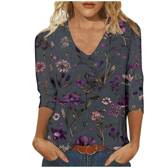 Teissuly Fashion Woman Casual V Neck Printing Blouse 3/4 Sleeve T-Shirt Summer Tops