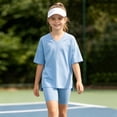 thumbnail image 4 of SGFCWSX Girls 2 Piece Outfits V Neck Oversized Short Sleeve T-shirt and Biker Shorts Set Summer Casual Soft Loungewear for Kids Light Blue Size 9, 4 of 6