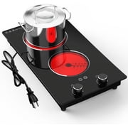 VBGK Double Burner Electric Cooktop, 110V 12 Inch Plug-in Ceramic Stove with Knob Control, 9 Power Levels & Timer for Home Kitchen, Apartment or RV Use