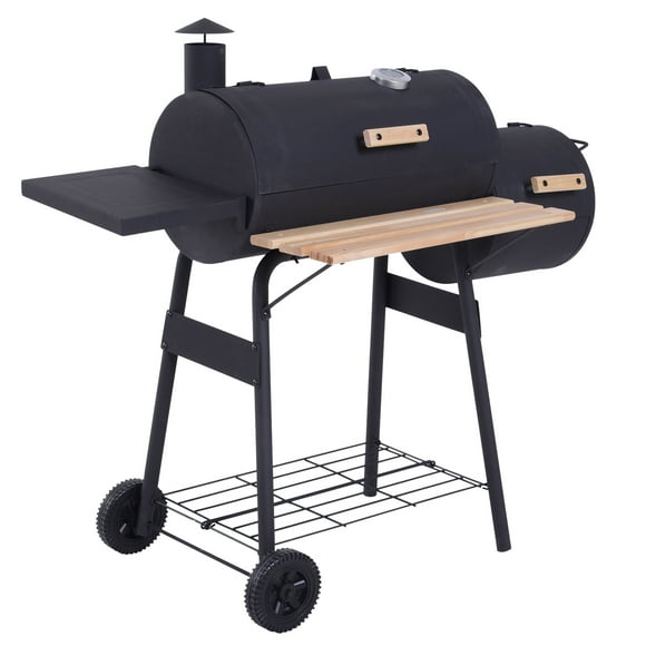 Outsunny 49" Charcoal BBQ Grill with Offset Smoker Portable Backyard Cooking Smoker Outdoor Camp Picnic Barbecue Cooker with Thermometer Wheels and Storage Shelves