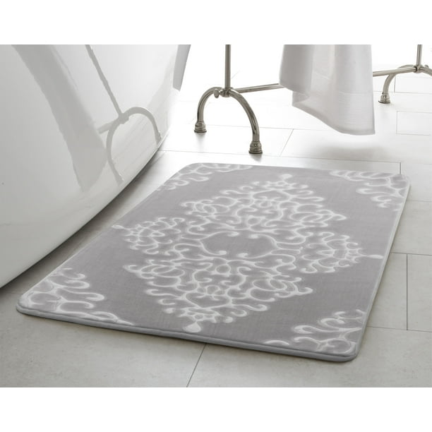 Oliver Brown Damask Embossed Memory Foam 20" x 32" Bath Mat, Light Grey