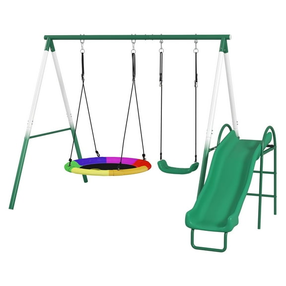 Metal Swing Set with Slide, Saucer Swing, A-Frame Backyard Playset, Adjustable Rope, Dark Green