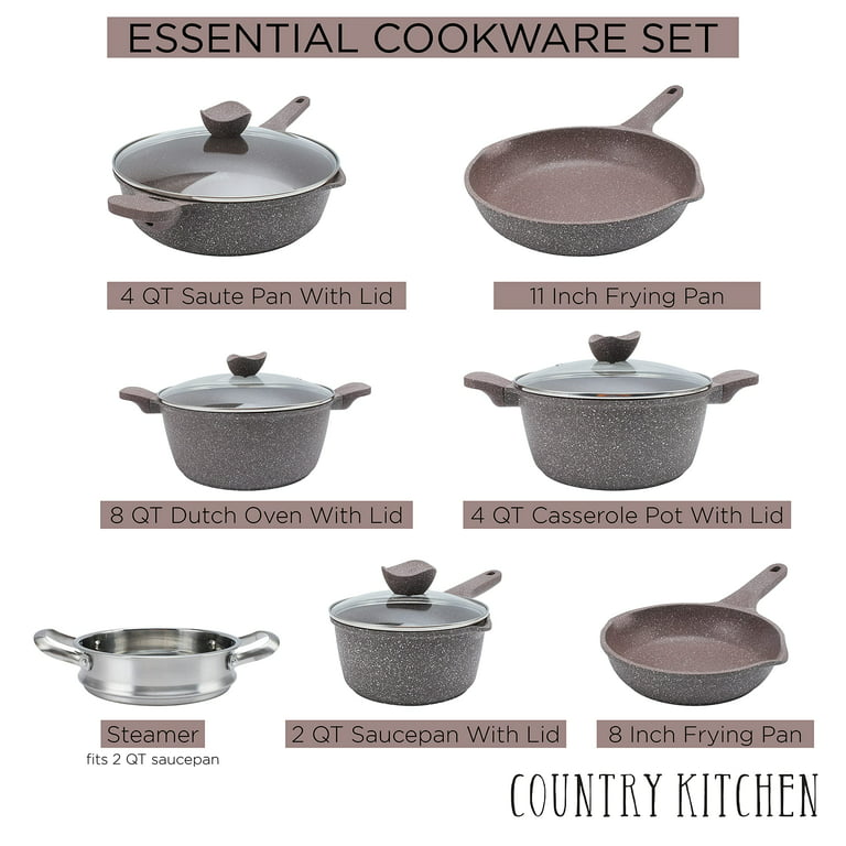  Country Kitchen Nonstick Cookware Sets - 6 Piece Nonstick Cast  Aluminum Pots and Pans with BAKELITE Handles - Non-Toxic Pots with Glass  Lids - Chocolate Brown: Home & Kitchen