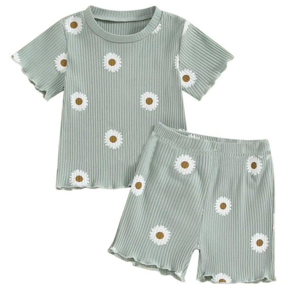 Tisuna Summer Short Sleeve Pajamas For Girls Toddler Floral Print Crew Neck Tops And Shorts Set Breathable Soft Baby Girls 2 Pieces Sleepwear Army Green Size 18-24 Months