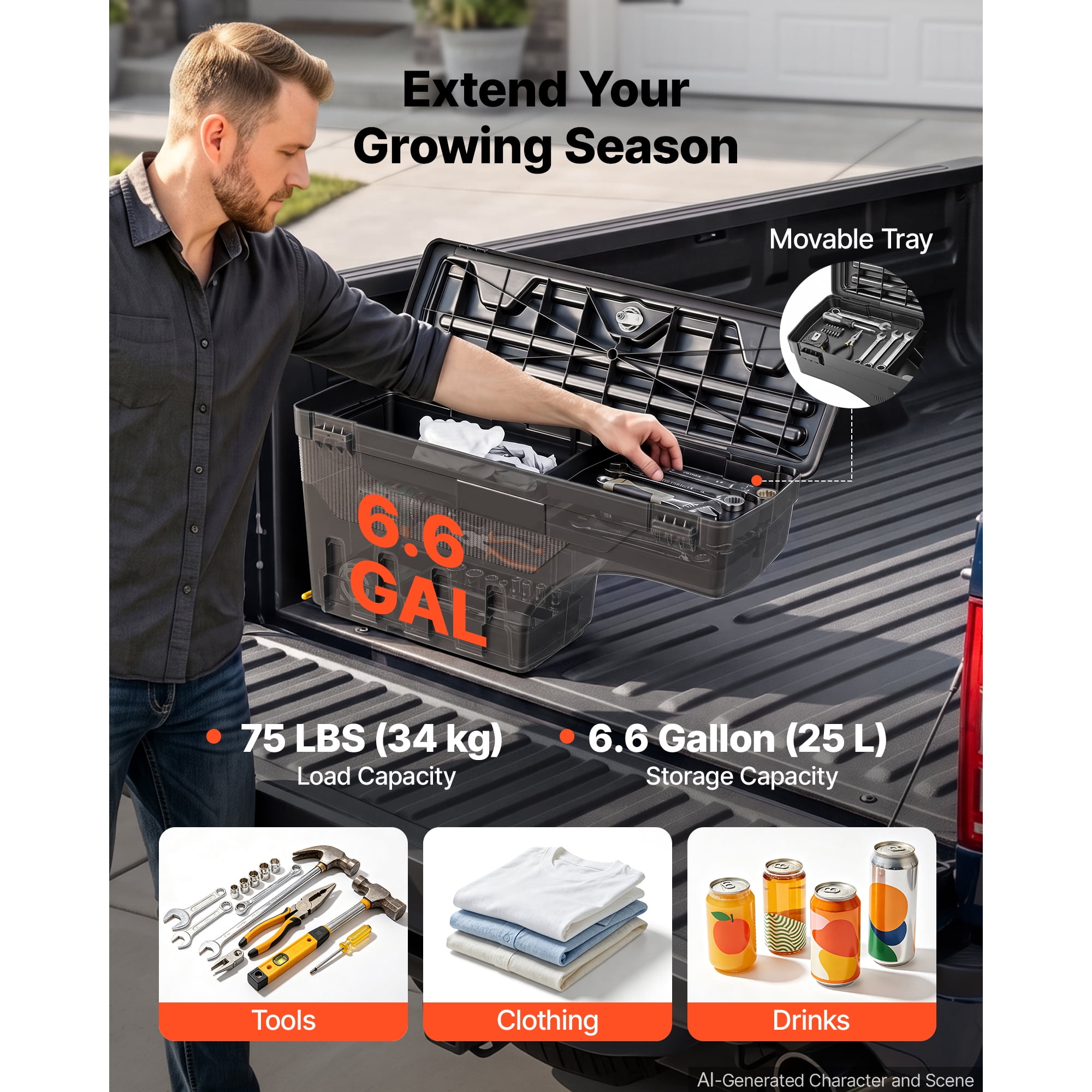 KFFKFF Truck Bed Storage Box, 6.6 Gal/25 L Waterproof ABS Wheel Well Tool Organizer with Combination Lock, Fits 2002-2018 Dodge Ram 1500 2500 3500, Driver Side Left (Drilling Needed)