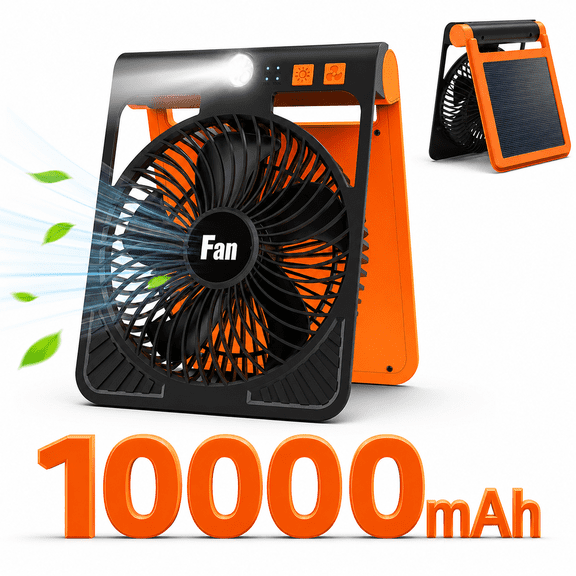 10000mAh Solar Camping Fan with Light, Rechargeable Portable Tent Fan with LED Lantern, 4-Speed Adjustable Airflow, Type-C Charging, Outdoor Camping and Emergency Use Fan