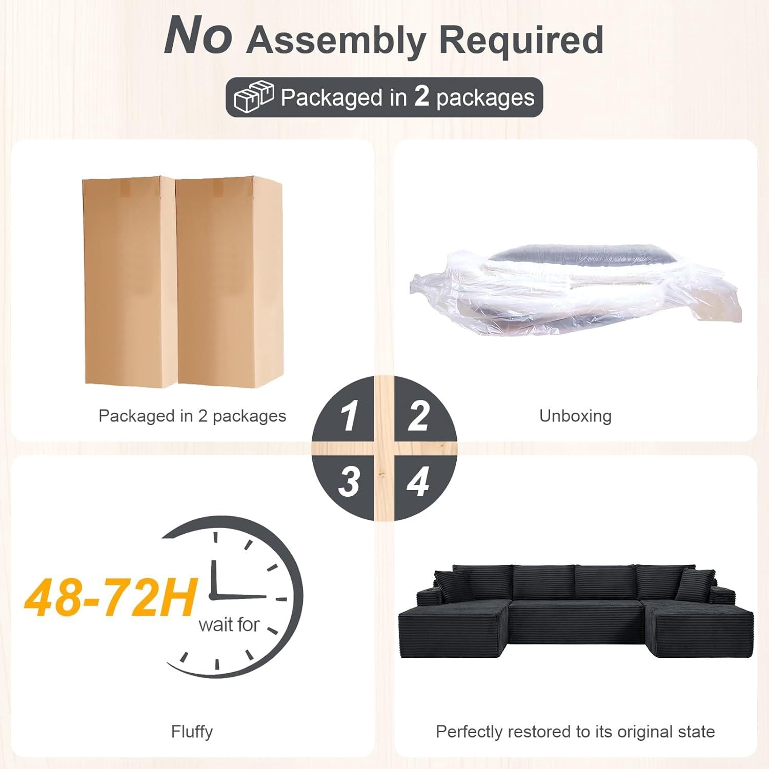 Vinform 134" Cloud Couch Modular Sectional Sofa, 5 Seat U Shaped Convertible Couch Corduroy Thick Cushion with Side Pockets and Toss Pillows for Living Room, Gray