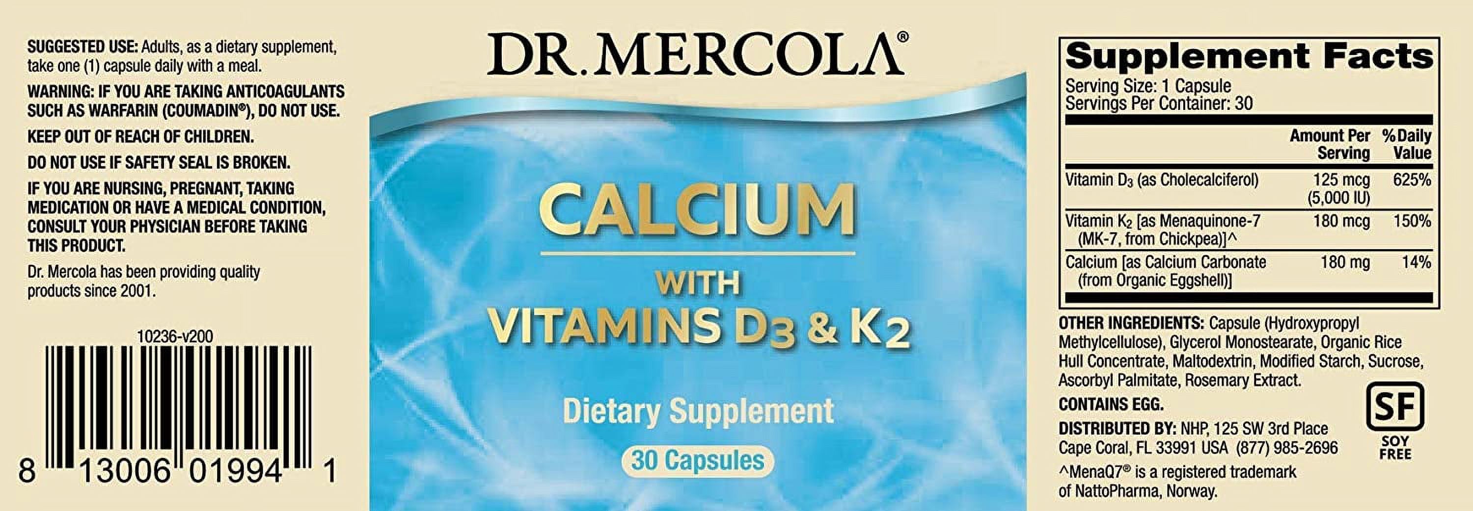 Dr. Mercola Calcium with Vitamins D3 & K2, 30 Servings (30 Capsules), Dietary Supplement, Supports Bone and Organ Health, Non GMO