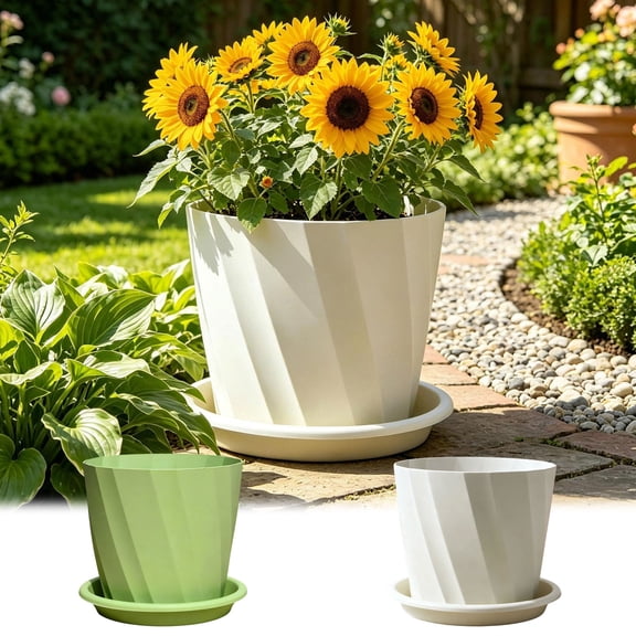 TTJ Gifts Modern Twill-Textured Round Plastic Planter Breathable Root-Control Pot Minimalist Decorative Indoor Outdoor Plant Container Durable Plastic Plant Pot For Home