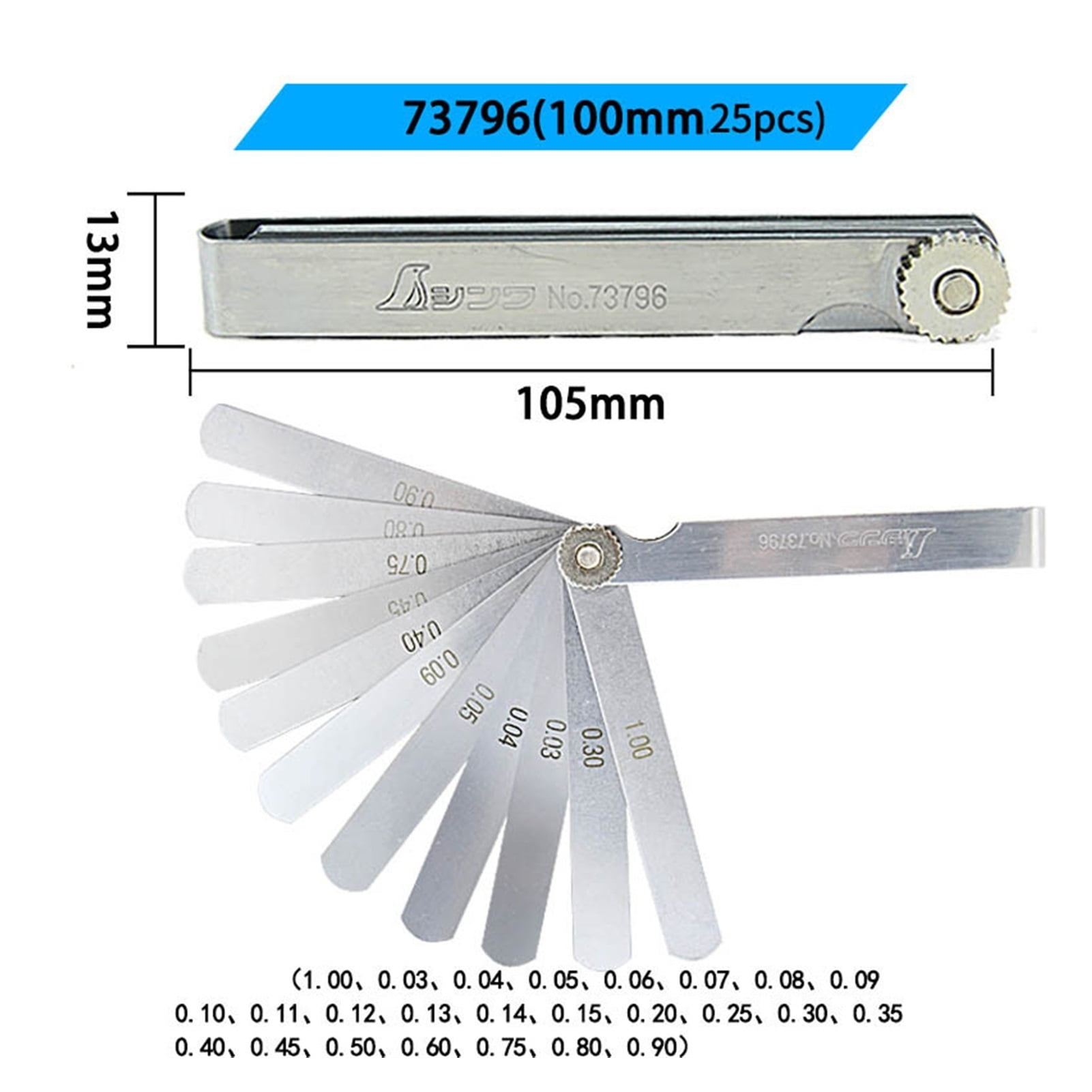 Feeler Gauge Gap Ruler Stainless Steel Thick Gauge Thickness Gauge High Precision 0.02-1.0mm 65mm 25PCS
