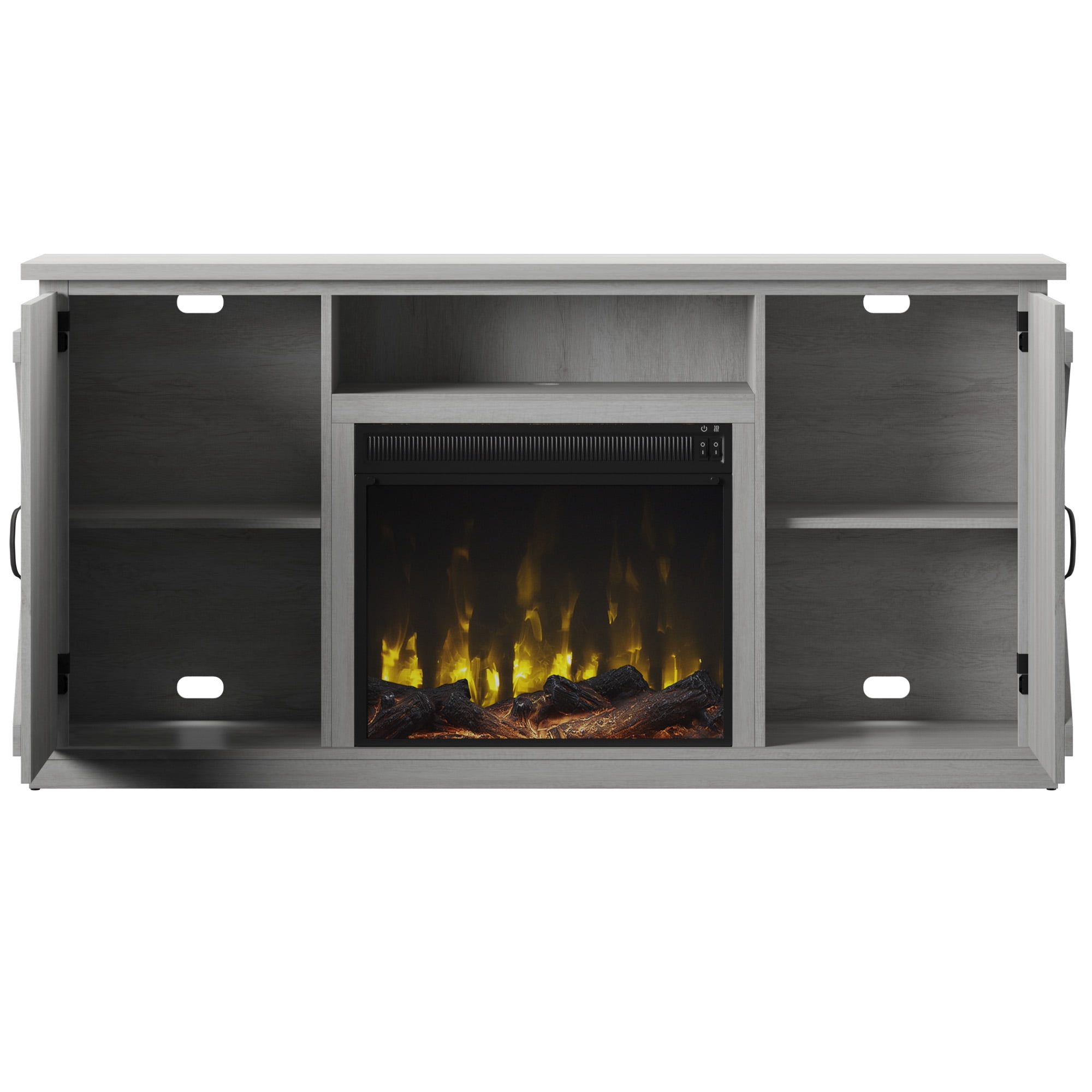 Twin Star Home Barn Door TV Stand for TVs up to 70 inches with ClassicFlame Electric Fireplace, Sargent Oak