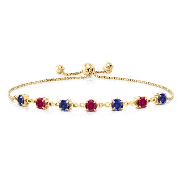 Gem Stone King 18K Yellow Gold Plated Silver Blue Created Sapphire and Red Created Ruby Infinity Links Bracelet for Women (2.60 Cttw, Round 4.5MM, Fully Adjustable up to 9 inch)