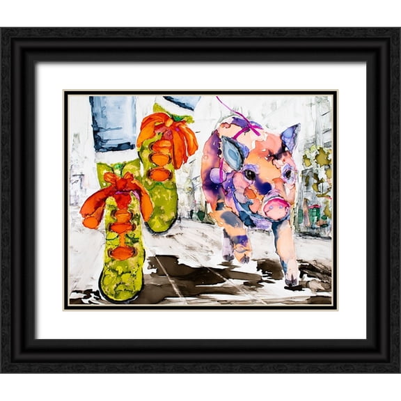 Art by Leslie Franklin 14x12 Black Ornate Wood Framed with Double Matting Museum Art Print Titled - Walk Your Hog in Fluevogs