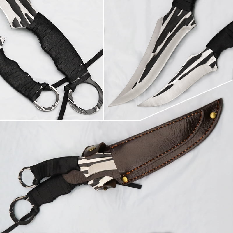 2-Piece Fixed Blade Hunting Knives, Full Tang Wrapped Handle Ring Tactical Knife Set with Sheath