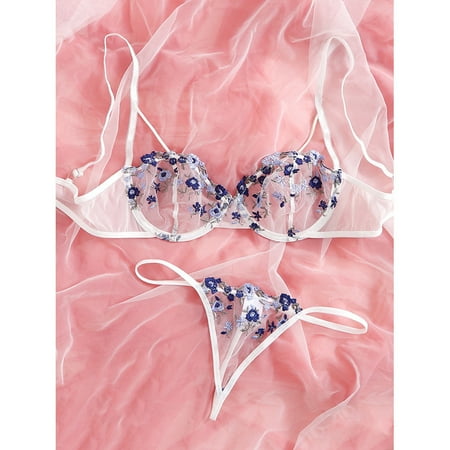 Sexy Lingerie for Women  See Through Lingerie  Women s Floral Embroidered Sheer Mesh Underwire Bra Lingerie Set  Valentine s Day Womens Lace Lingerie Babydoll Sheer Bra and Panty  Blue(M)