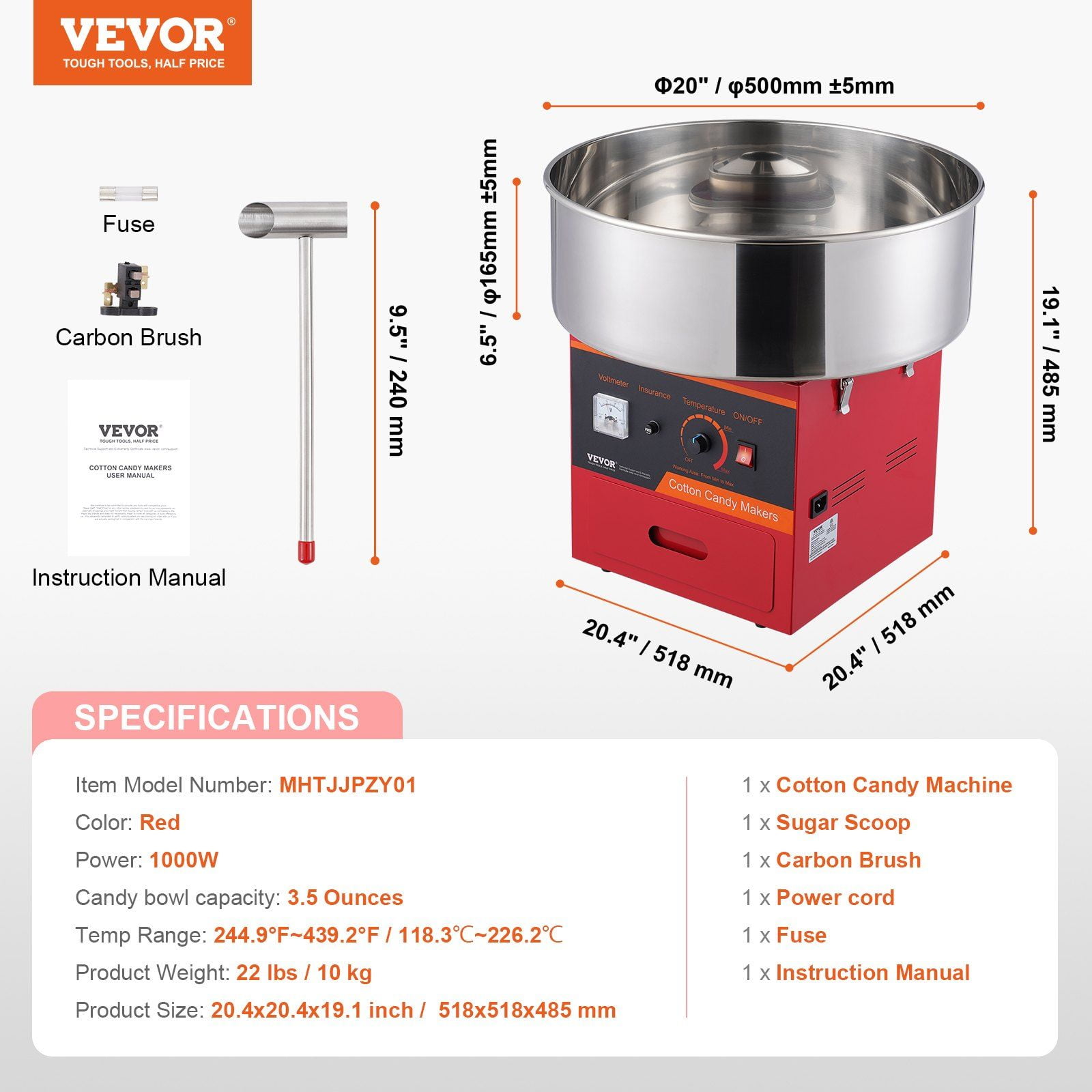 1000W Commercial Cotton Candy Machine - Electric Candy Floss Maker with Stainless Steel Bowl & Temp Control - for Parties, Carnivals & Events (Red)