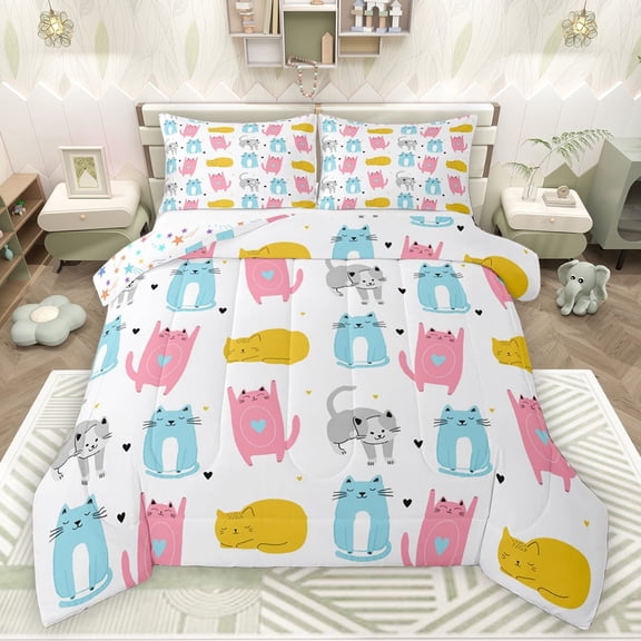 Feelyou Funny Cat Kids Bedding Comforter Set, Kawaii Cartoon Kitten Twin Comforter Sets, Cute Animal Theme Reversible Bedding Set, Luxury Bedroom Decor, 2-Piece