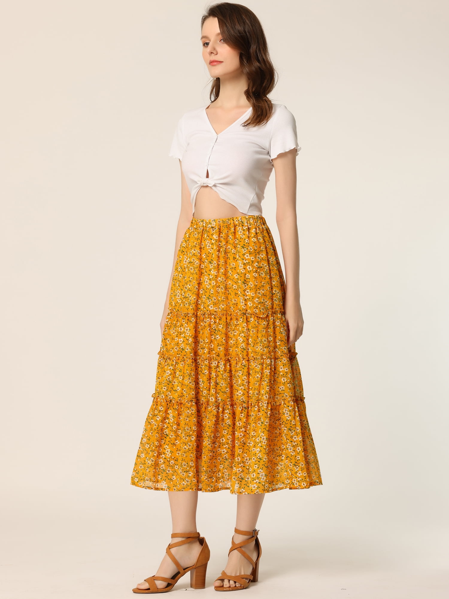 DARING DIVA Women's Chiffon Tiered A-Line Maxi Skirt XS Ginger