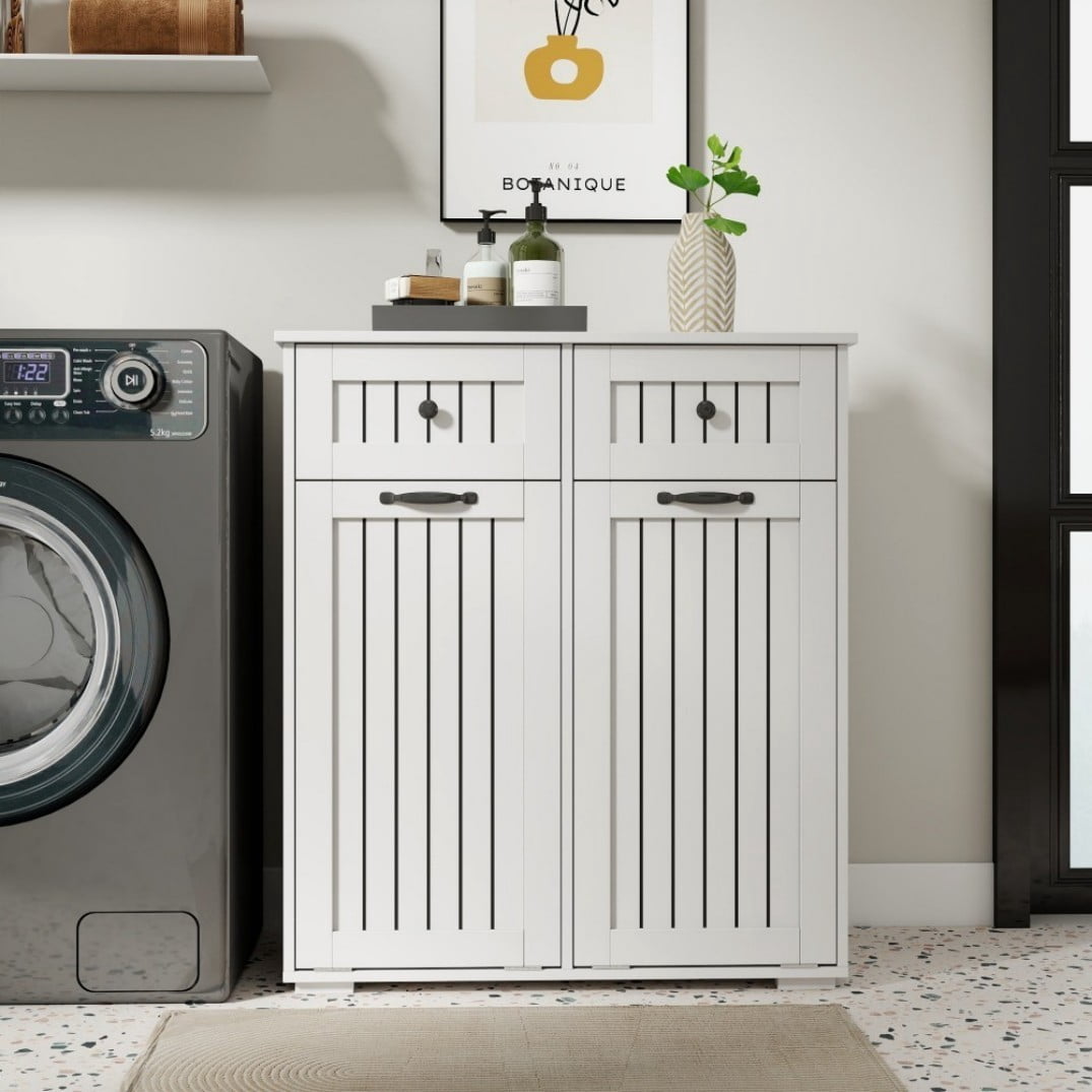 Laundry Cabinet with 2 Removable Baskets and 2 Drawers, Double Laundry Hamper with Sorting Compartments, Freestanding Storage Cabinet Organizer, White