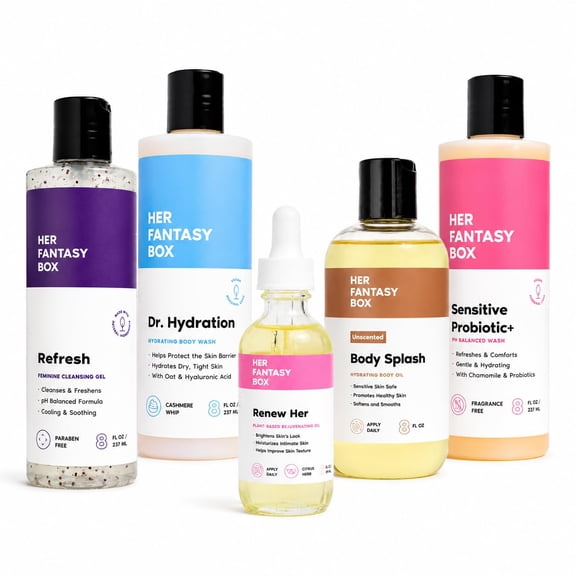 Her Fantasy Box | Postpartum Care Package Hydrating Body Wash, Sensitive Probiotic Wash, Unscented Body Oil & Intimate Care Oils for Soft, Comforted Skin