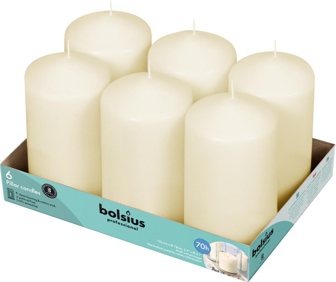 Bolsius Ivory Pillar Candles 3x6" Unscented 6 Pack for Wedding, Dinner