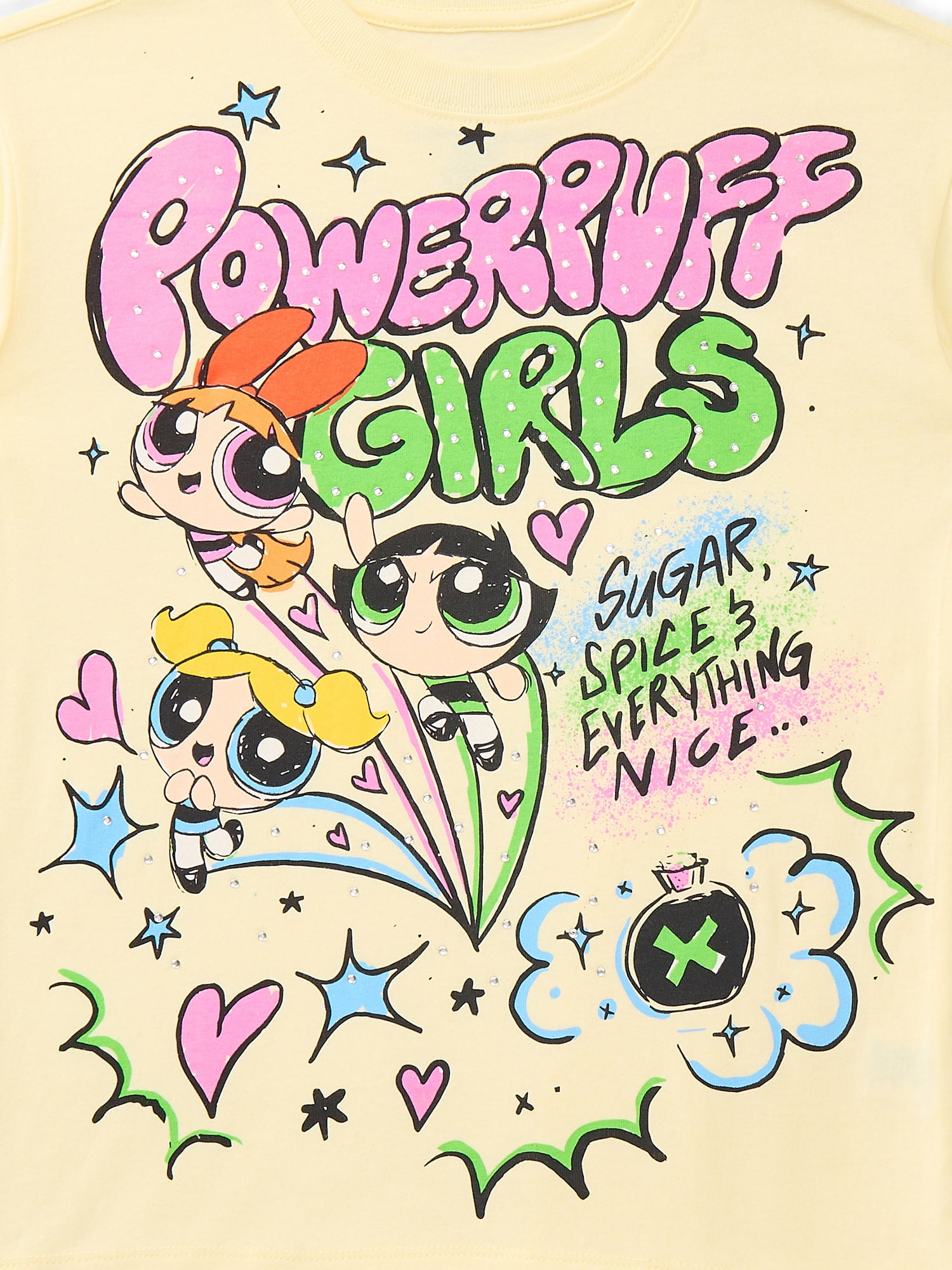 Powerpuff Girls Girls Rhinestones Graffiti Graphic Boyfriend Tee with Rhinestones and Bike Shorts Set, 2-Piece, Sizes 4-16