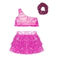 thumbnail image 3 of TiaoBug Kids Girls Sequins Dance Outfits Single Shoulder Crop Top Metallic Layered Skirt with Headwear set Hot Pink 14, 3 of 7