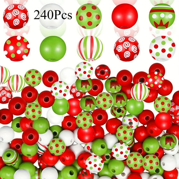 240Pcs Christmas Wooden Beads Bulk for Crafts, Red and Lime Green Round Spacer Polka Dot Peppermint Swirl Beads for Jewelry Making DIY Garland Pen Holiday Xmas Tree Decor Ornament, 16mm, 10 Styles